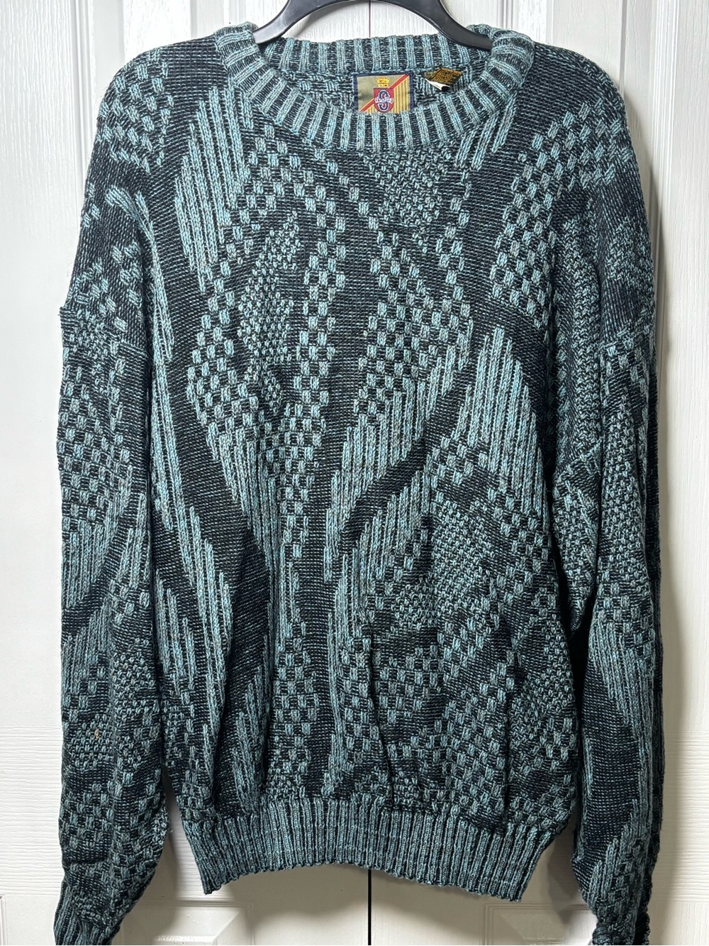 Vintage 1988 Saturdays XL Grandpa Sweater Blue Black Textured Knit Made USA